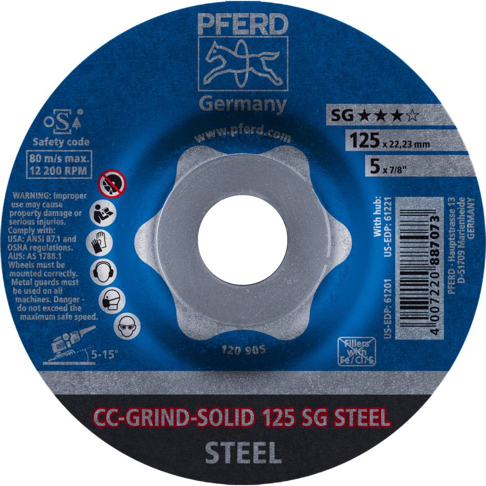 Schleifscheibe mit der Aufschrift 'PFERD Germany SG' für Stahl. Durchmesser: 125 mm, max. 12.200 RPM. Warnhinweise auf unsachgemäße Nutzung.