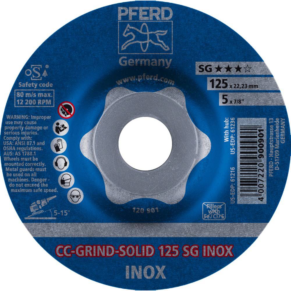 'Trennscheibe PFERD CC-GRIND-SOLID 125 SG INOX'; Durchmesser 125 mm, für Edelstahl, max. Drehzahl 12.200 RPM, Sicherheitshinweise abgebildet.