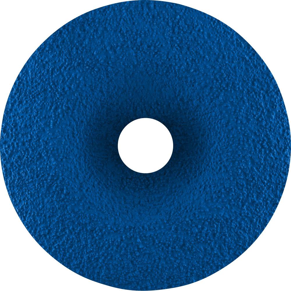 Blaues, strukturiertes Schleifrad mit zentralem Loch, oft zum Schleifen von Materialien verwendet.