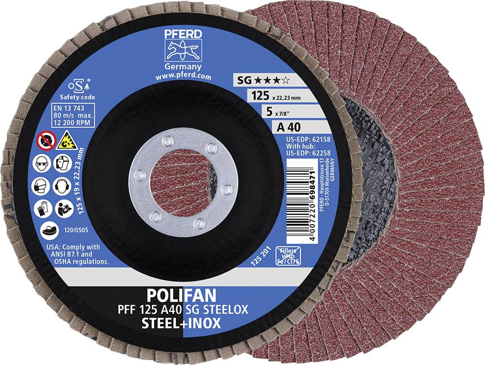Eine POLIFAN-Fächerscheibe der Marke PFERD, geeignet für Stahl und Edelstahl, 125mm Durchmesser, 5mm Dicke, Körnung A40, Sicherheits- und Produktinformationen aufgedruckt.