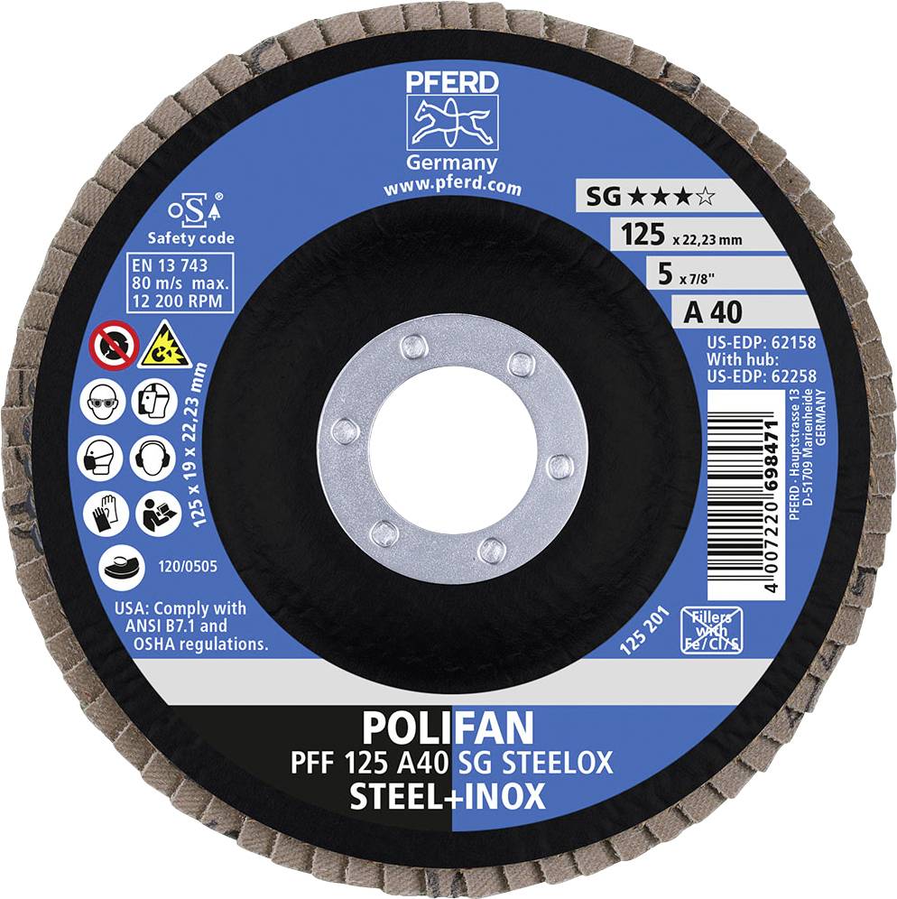 Schleifscheibe mit blauer Verpackung, Marke 'PFERD', geeignet für Stahl und Inox, Durchmesser 125 mm, max. 12.200 U/min.