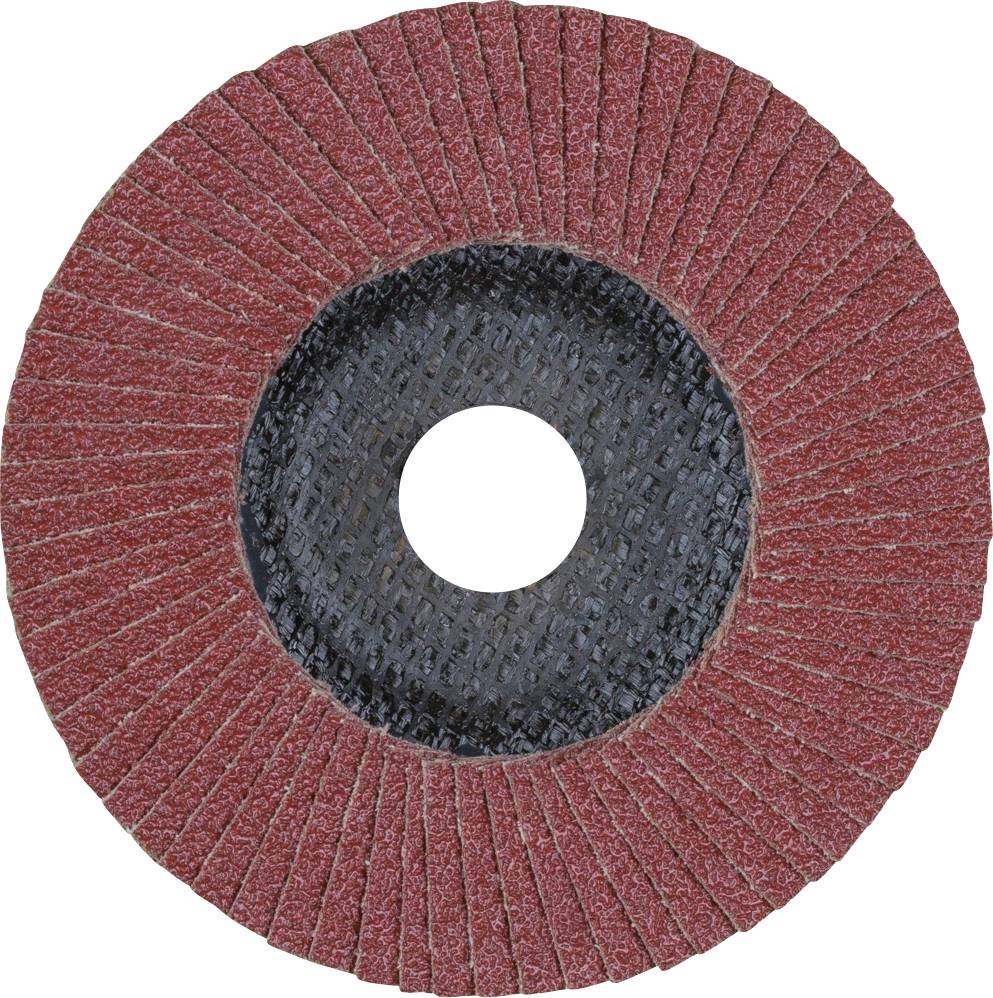Schleifscheibe aus rotbraunem Schleifpapier mit schwarzem Zentrum, mit radialen Lamellen für Metallbearbeitung.