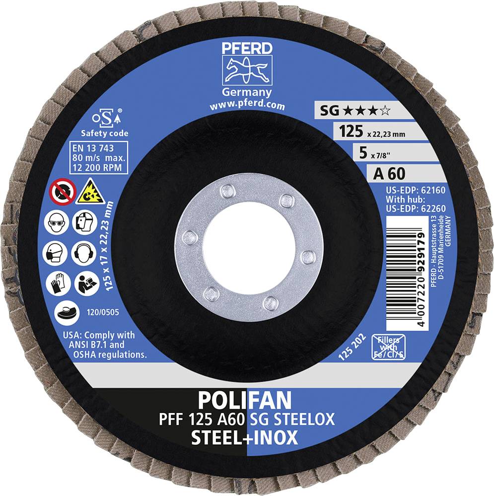 Schleifscheibe mit Beschriftung: POLIFAN PFF 125 A60 SG STEELOX, geeignet für Stahl und Inox, Durchmesser 125 mm, max. 12.200 U/min.