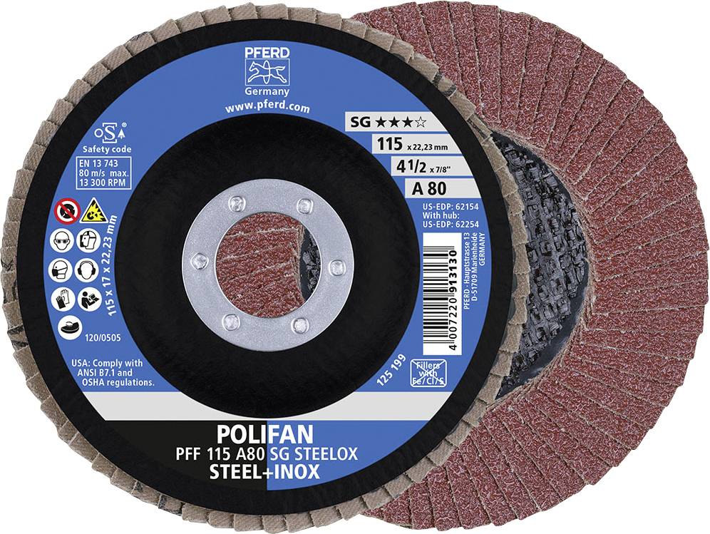 Schleifscheibe mit Beschriftung 'Polifan Steel-Inox', geeignet für Stahl und Inox, Durchmesser 115 mm, 22.23 mm Bohrung.