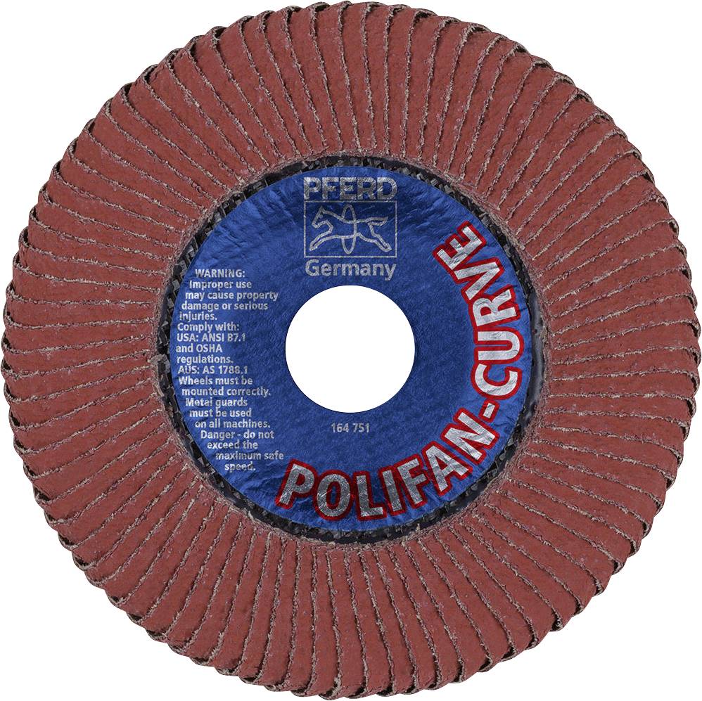 Schleifscheibe mit der Aufschrift 'Polifan-Curve', hergestellt von Pferd in Deutschland. Enthält Warnhinweise und Sicherheitsinformationen.