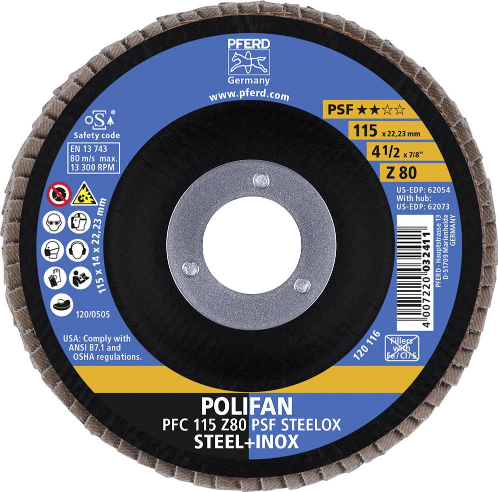 Schleifscheibe, Marke Pferd, Modell Polifan, Typ PFC 115 Z80 PSF. Durchmesser 115 mm, Höhe 22,23 mm, Stahl-Inox geeignet, maximal 13.300 U/min.