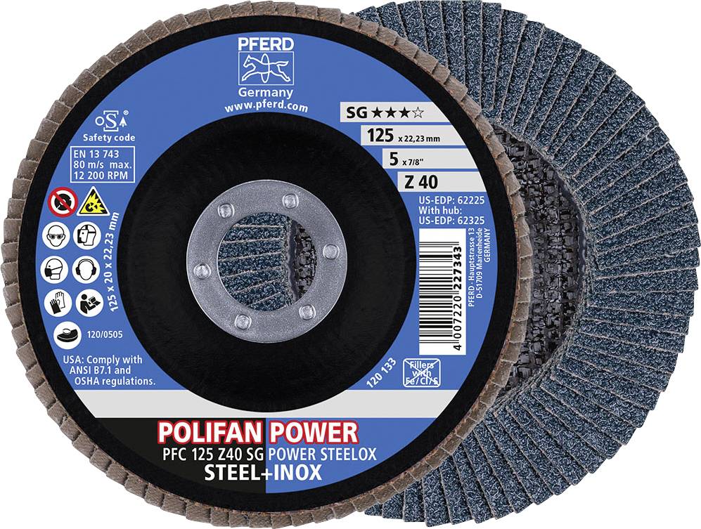 Schleifscheibe der Marke Pferd, Typ Polifan Power PFC 125 Z40 SG, geeignet für Stahl und Edelstahl, 125 mm Durchmesser, max. 12.200 U/min.