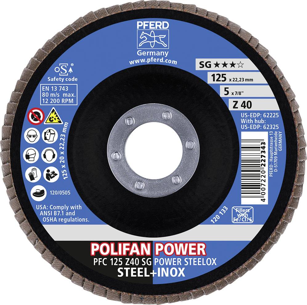 Schleifscheibe der Marke Pferd für Stahl und Inox, Modell Polifan Power PFC 125 Z40 SG. Durchmesser 125 mm, max. 12.200 U/min.