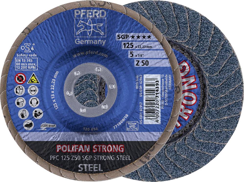 'PFERD' Schleifscheiben für Stahl, Modell 'POLIFAN STRONG'. Schilder auf Produkten geben Informationen zu Größe und Material.