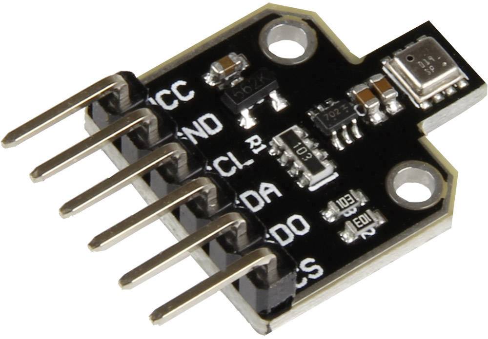Elektronisches Bauteil mit fünf Pins, beschriftet mit 'VCC', 'GND', 'SCL', 'SDA', 'ODO'. Hauptsächlich schwarz mit silbernen Kontakten.