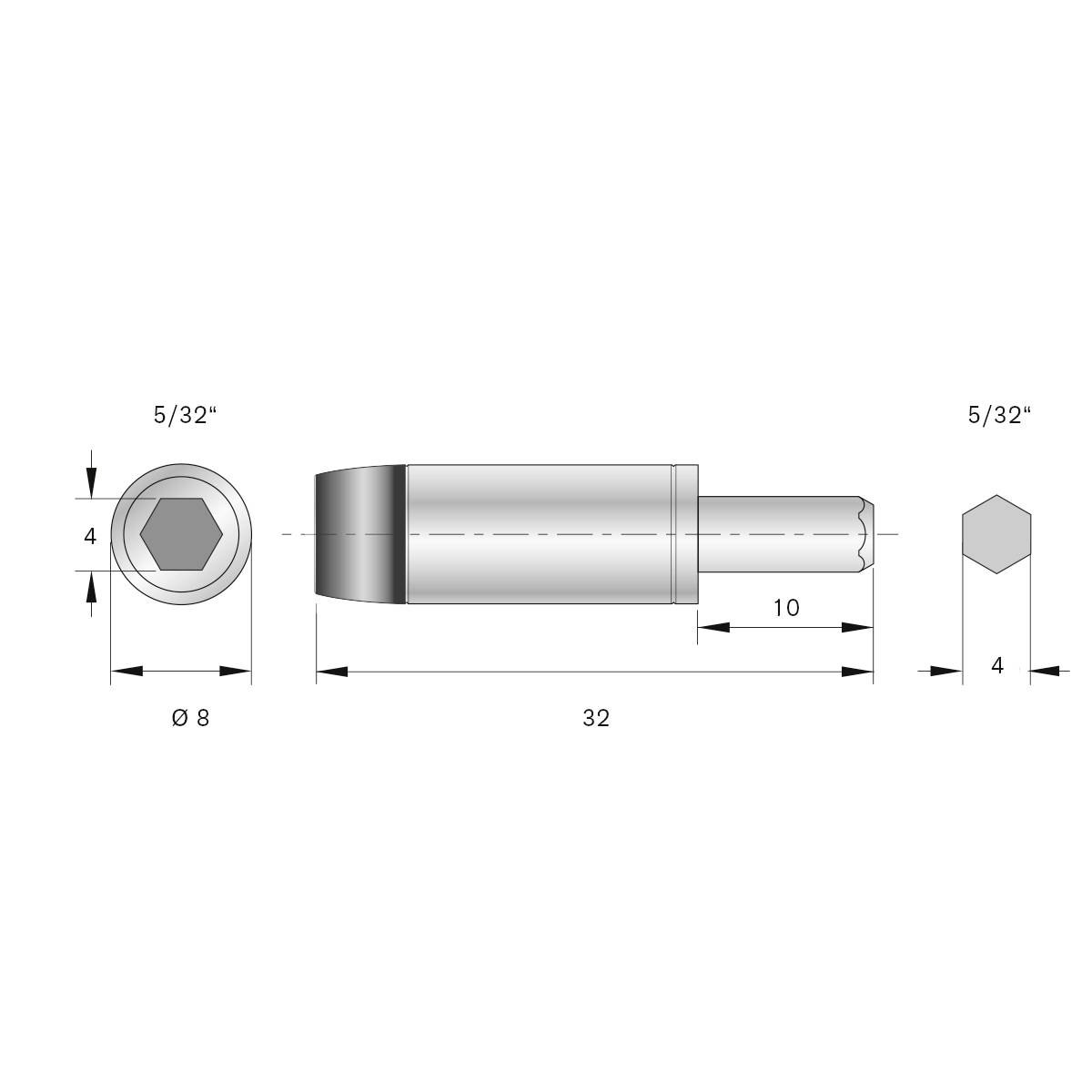 Technische Zeichnung einer zylindrischen Komponente, 32 mm lang und 8 mm im Durchmesser, mit einer sechseckigen Vertiefung an einem Ende, beschriftet mit Maßangaben.