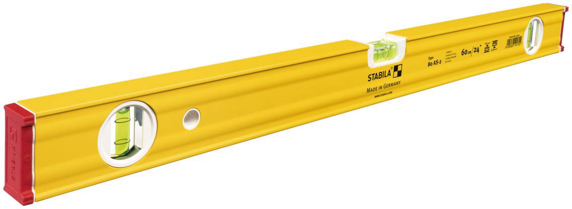 Gelbe Wasserwaage mit zwei Libellen zur Messung der Horizontal- und Vertikalausrichtung. Markenname und Maßeinheiten sind sichtbar.
