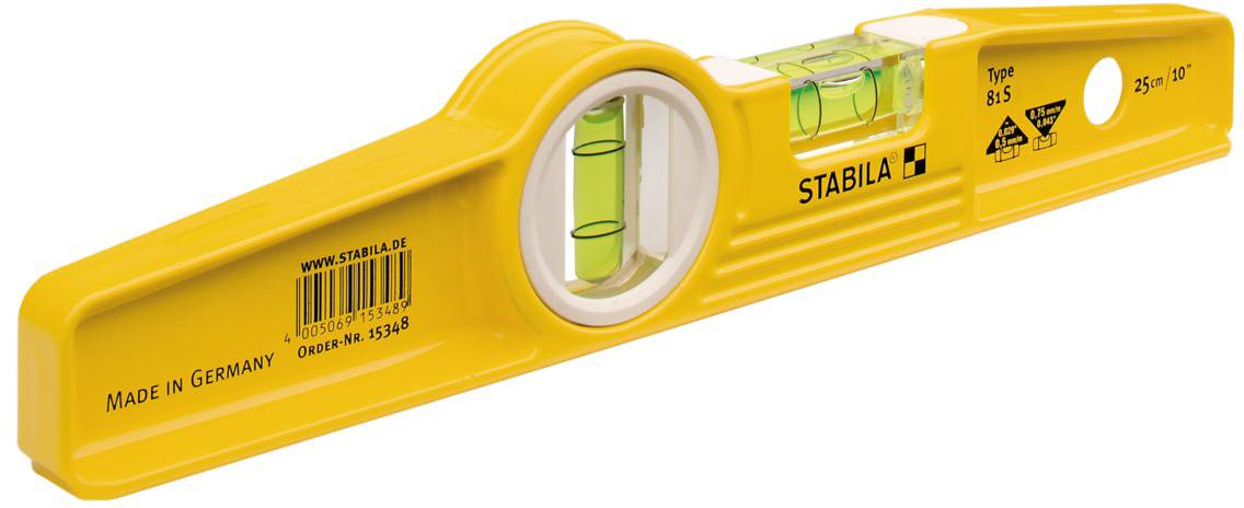 Wasserwaage, gelb, mit zwei Libellen, eine horizontal und eine vertikal. Aufschrift 'STABILA' und 'Made in Germany'.