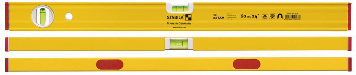 Wasserwaage von Stabila in gelber Farbe mit drei Libellen zur genauen Nivelierung.