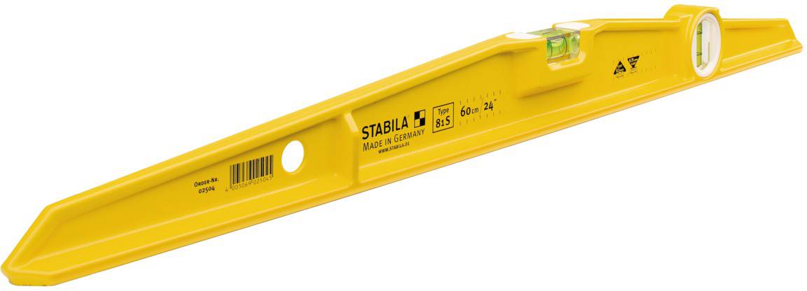 Eine gelbe Wasserwaage aus Metall mit einer Libelle zur Messung der Horizontalität, hergestellt von Stabila.