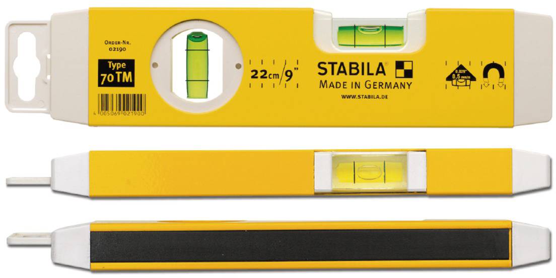 STABILA Wasserwaage, Typ 70 TM, 22 cm. Gelbe Wasserwaage mit Libelle. Made in Germany.