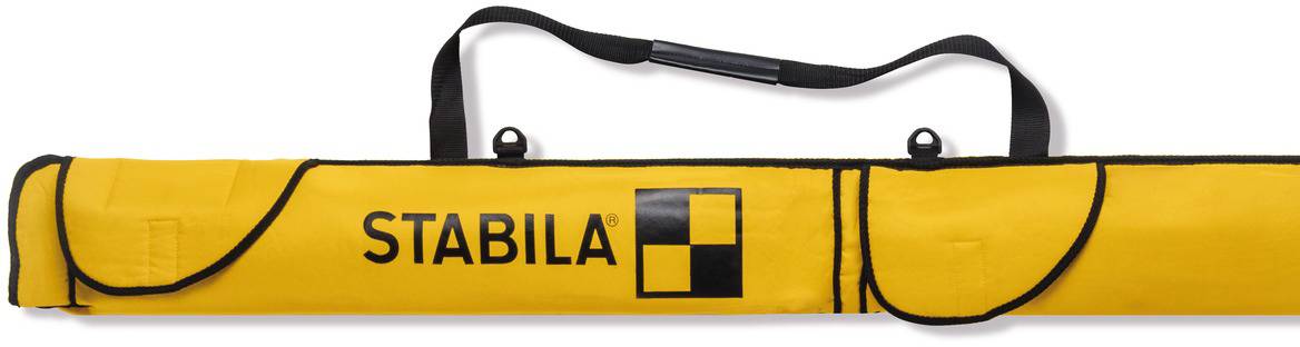 Gelbe Tragetasche mit schwarzem 'STABILA'-Logo und schwarzem Tragegriff, der für den Transport von Wasserwaagen geeignet ist.