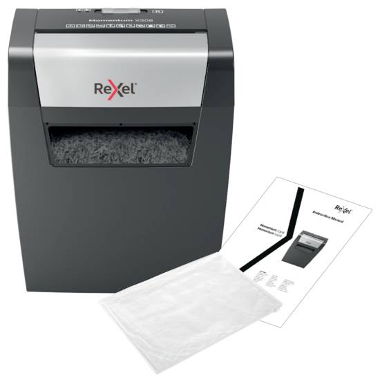 Rexel Momentum X308 Aktenvernichter 8 Blatt Partikelschnitt 5 x 42 mm P-3 15 l Vernichtet auch Heftklammern, Büroklammern