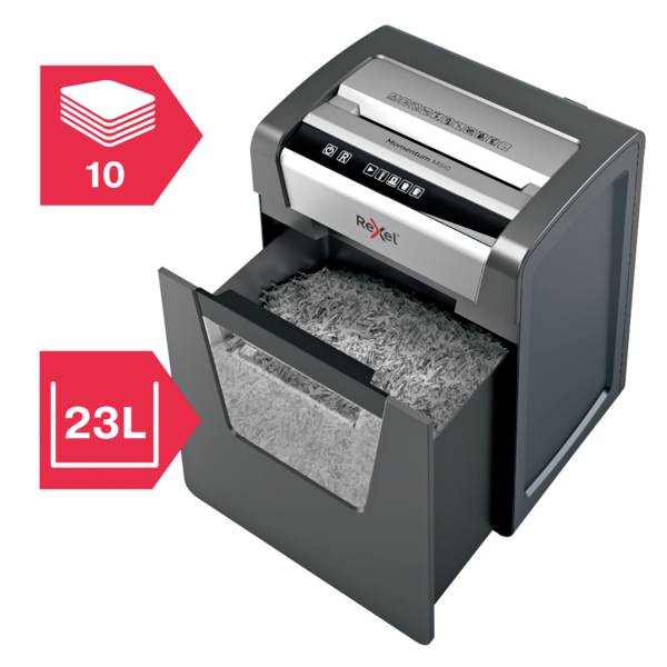 Rexel Momentum M510 Aktenvernichter 10 Blatt Mikroschnitt 2 x 15 mm P-5 23 l Vernichtet auch Heftklammern, Büroklammern
