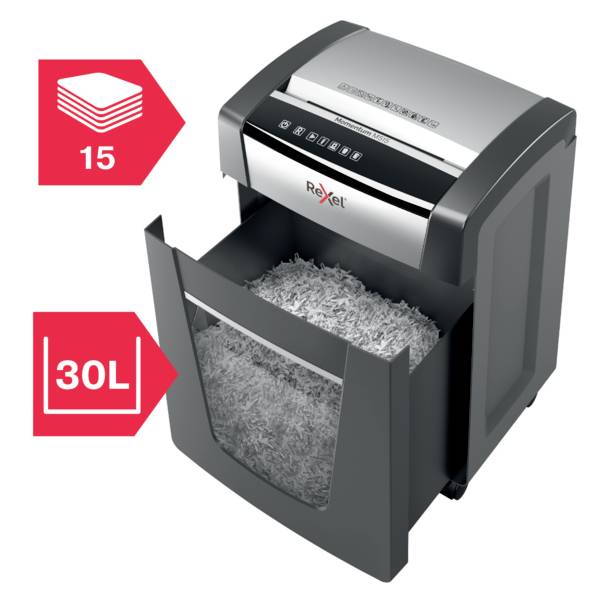 Rexel Momentum M515 Aktenvernichter 15 Blatt Mikroschnitt 2 x 15mm P-5 30l Vernichtet auch Heftklammern, Büroklammern