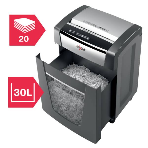 Rexel Momentum X420 Aktenvernichter 20 Blatt Mikroschnitt 4 x 40 mm P-4 30 l Vernichtet auch Heftklammern, Büroklammern