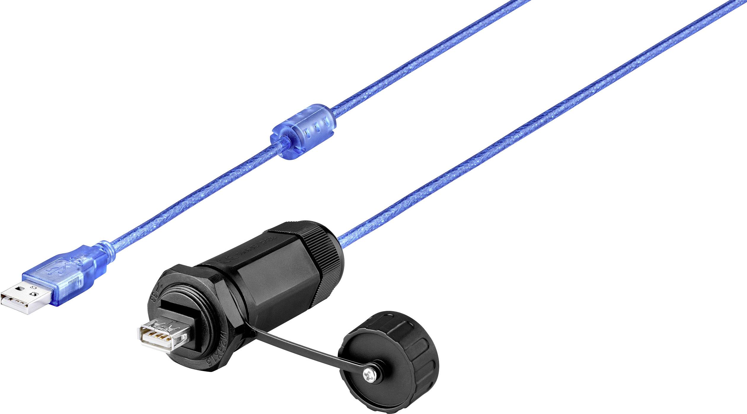 Blaues USB-Kabel mit Schutzkappe und schwarzer Anschlussabdeckung. Geeignet für robuste Anwendungen, wetterfest und langlebig.