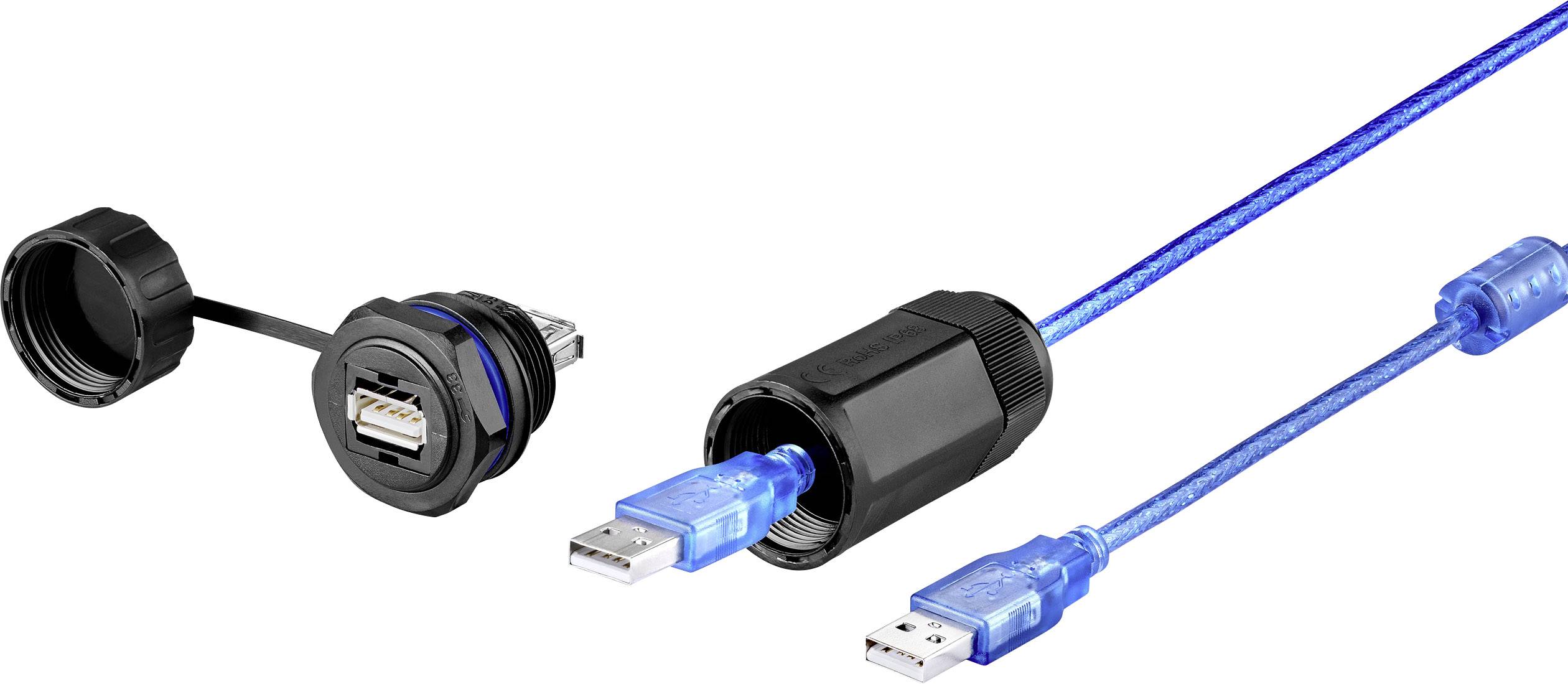 Ein blaues USB-Kabel mit transparentem Stecker, verbunden mit einer schwarzen Adapterbuchse mit Verschlusskappe.