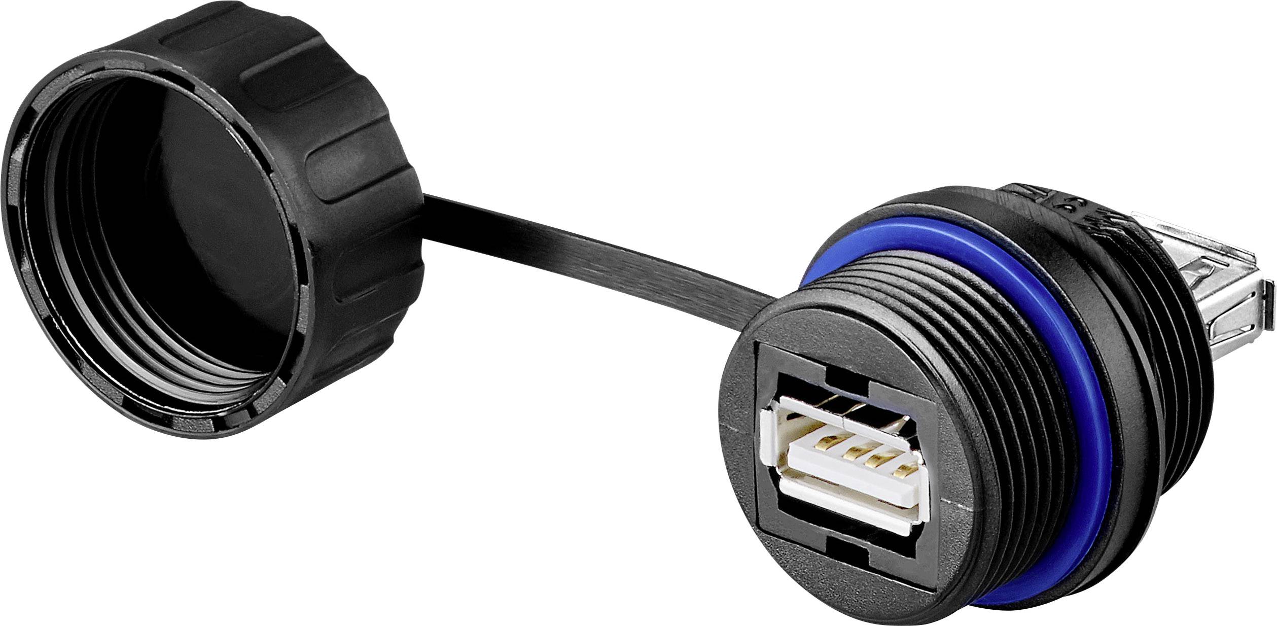 Schwarze USB-Steckdose mit abnehmbarer Schutzkappe, geeignet für den Einbau in Paneele oder Geräte.