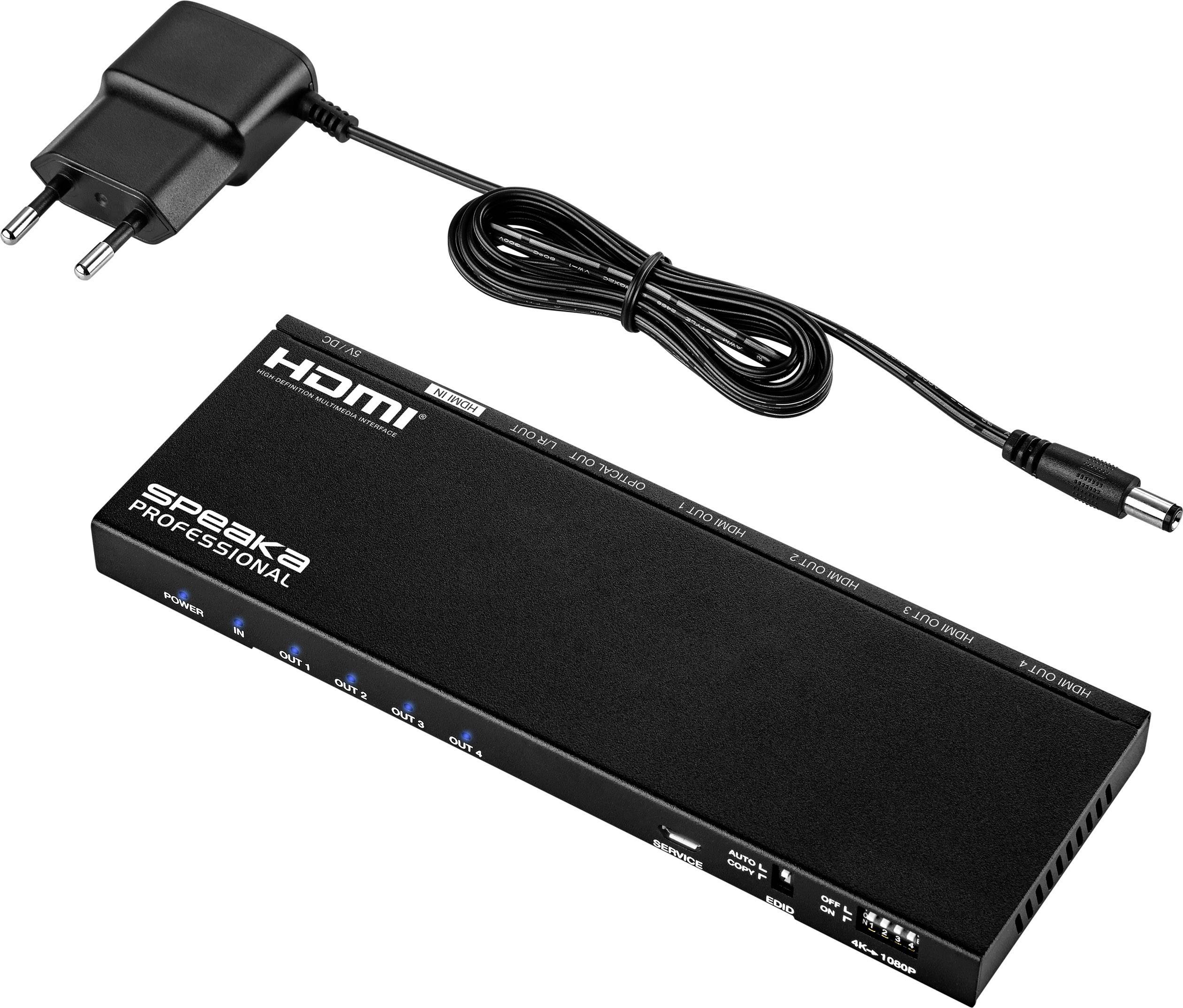 SpeaKa Professional 4 Port HDMI-Splitter mit eingebautem Konverter 4096 x 2160 Pixel Schwarz