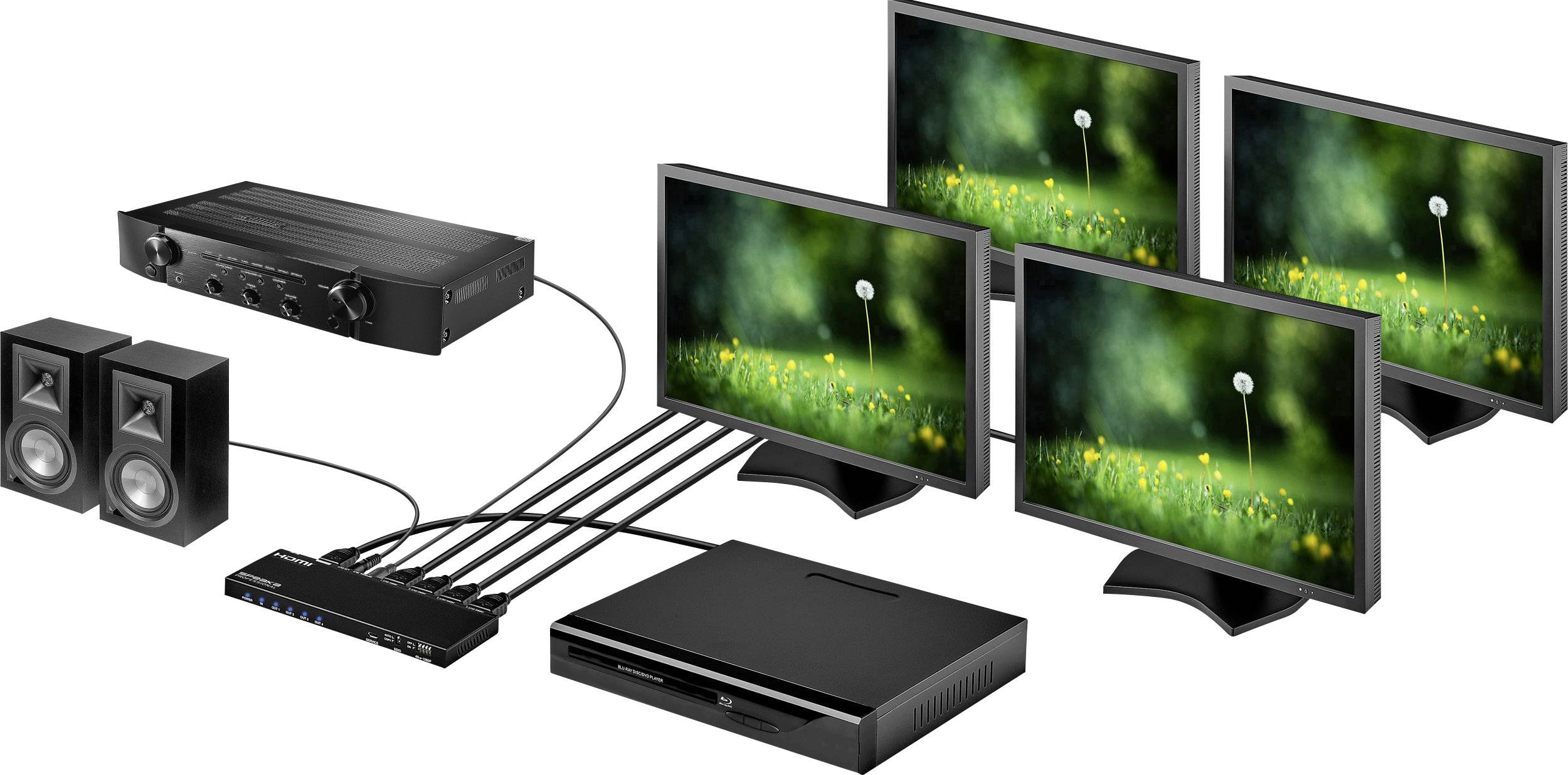 SpeaKa Professional 4 Port HDMI-Splitter mit eingebautem Konverter 4096 x 2160 Pixel Schwarz