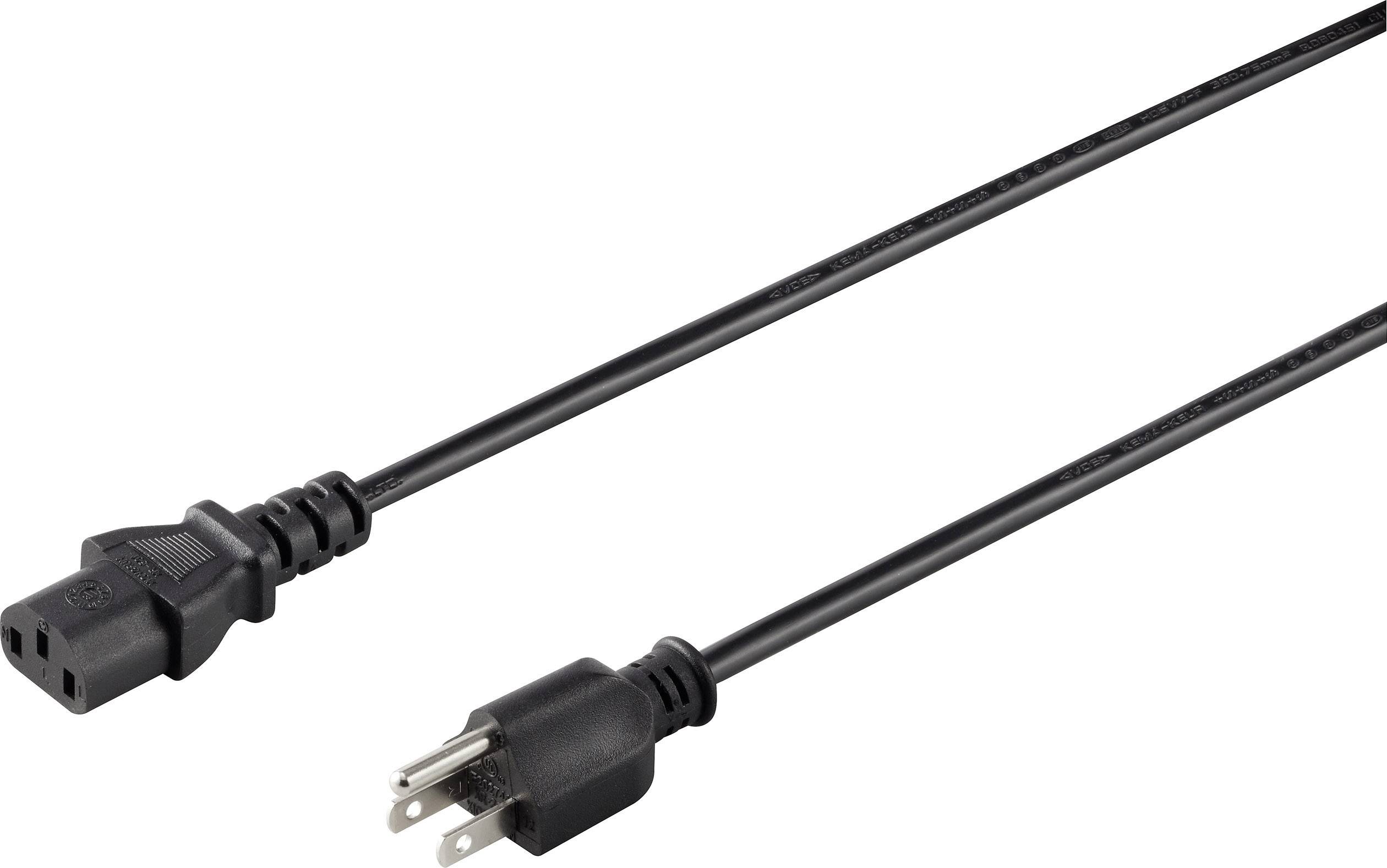 Ein schwarzes Stromkabel mit einem dreipoligen Stecker auf der einen Seite und einer weiblichen Buchse auf der anderen Seite.