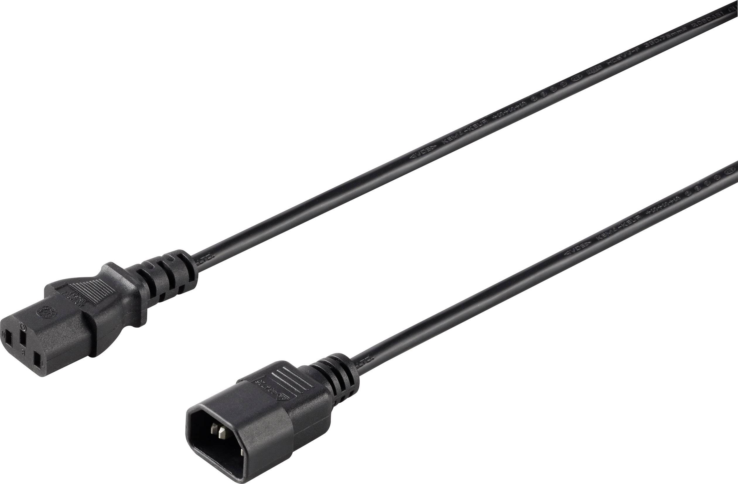 Schwarzes Stromkabel mit IEC-Stecker und -Buchse, geeignet für Computer und Elektrogeräte.