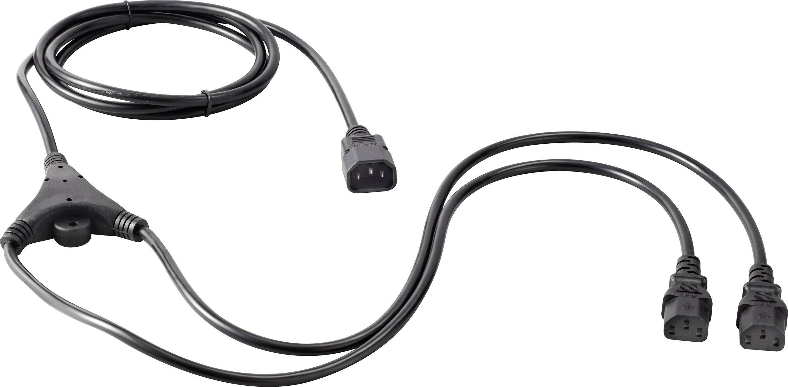 Ein schwarzes Netzkabel mit einem Y-Stecker verteilt sich in zwei separate Stecker. Geeignet für die Stromversorgung mehrerer Geräte.