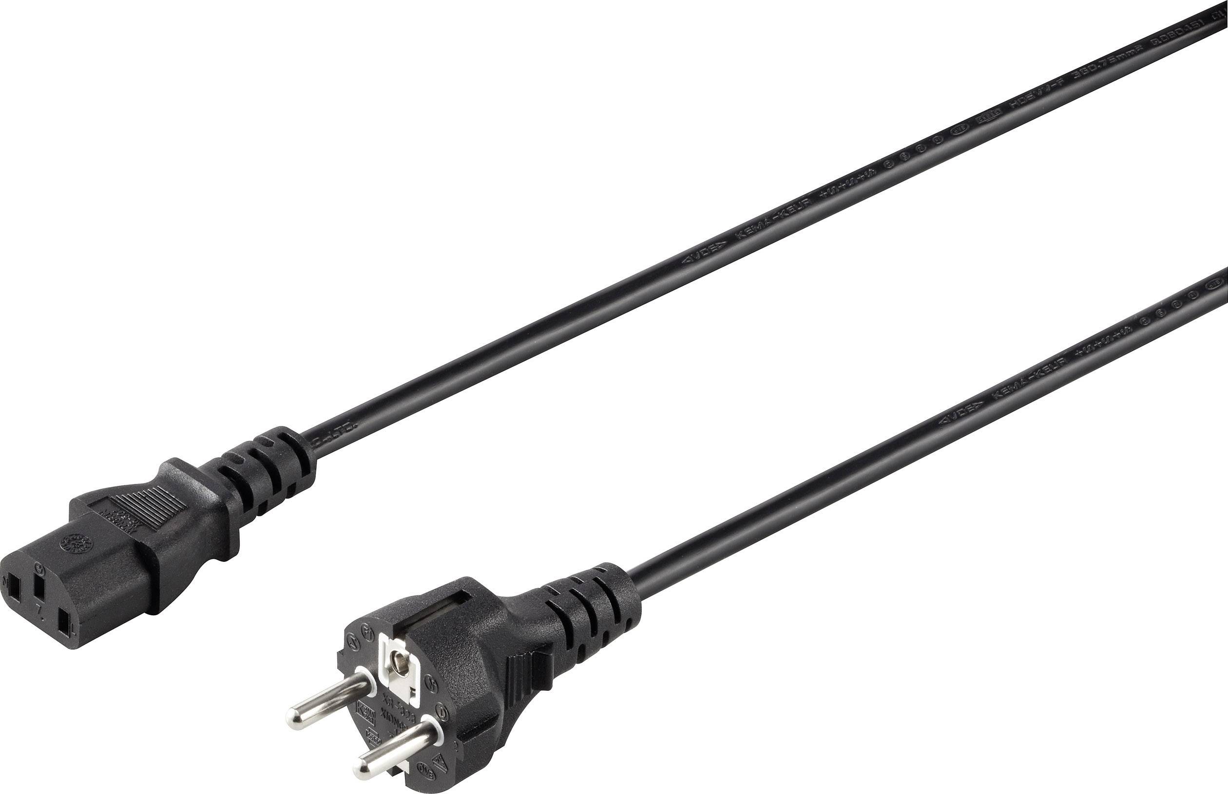 Ein schwarzes Netzkabel mit einem Schuko-Stecker links und einem C13-Stecker rechts, geeignet für Computer und Elektronikgeräte.