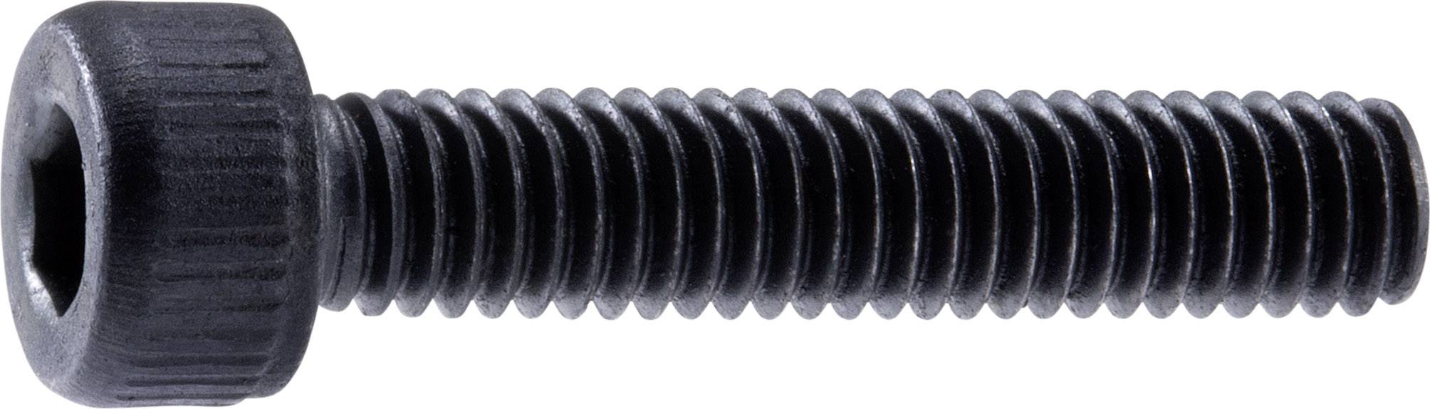Ein schwarzer Inbusschraube mit Gewinde, Zylinderkopf und sechseckiger Vertiefung, verwendet in mechanischen Verbindungen.