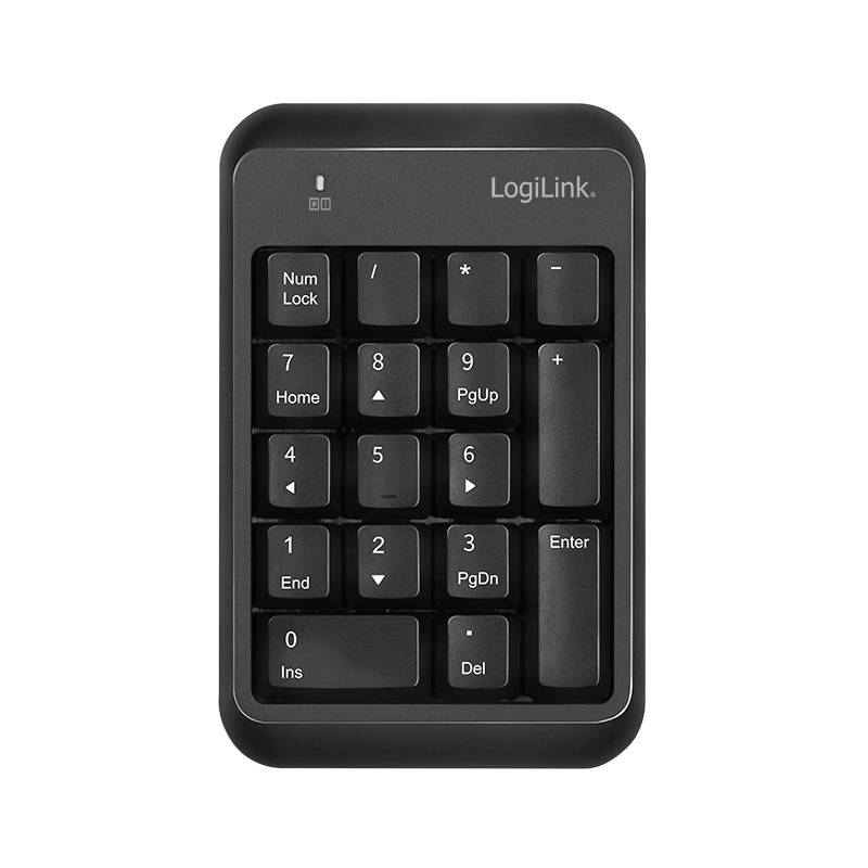 Ein separates Ziffernblock mit schwarzen Tasten, darunter Tasten für Zahlen und Funktionen wie 'Num Lock', '+', '-' und 'Enter'.