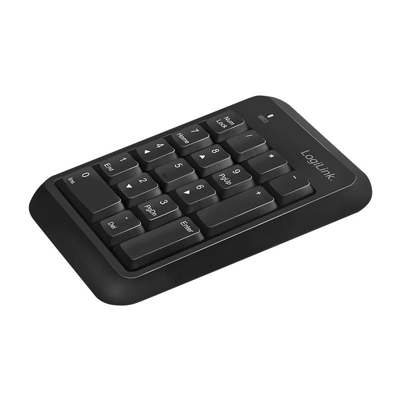 Schwarzer, kabelloser Ziffernblock mit 18 Tasten, darunter Zahlen 0-9, Enter, Backspace und zwei Funktionstasten. Markennamen oben rechts.