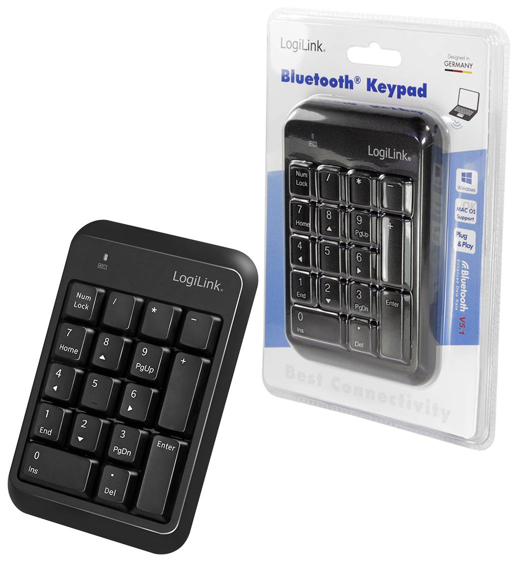 LogiLink Bluetooth Nummernblock mit 18 Tasten, kabellos, schwarzes Design. Verpackung zeigt Kompatibilität mit Laptop und PC.
