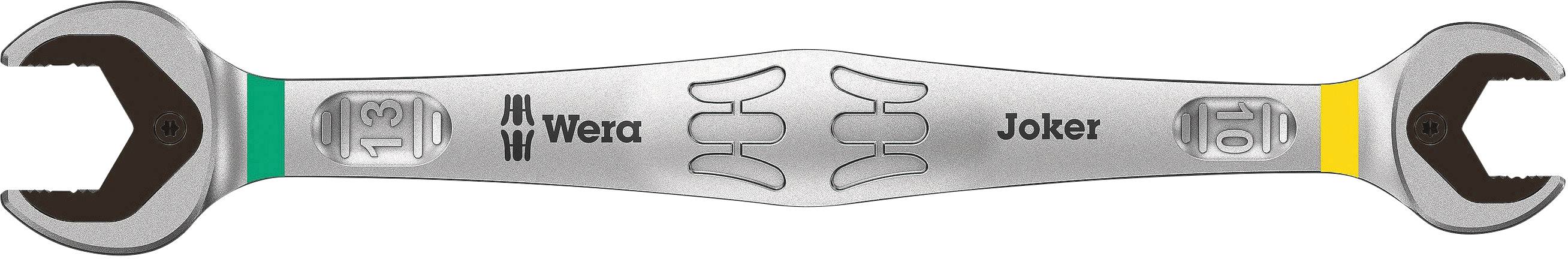 'Wera Joker' Doppelmaulschlüssel mit offenen Enden, einem grünen und einem gelben Ring. Abgerundetes Design mit Herstellerlogo.