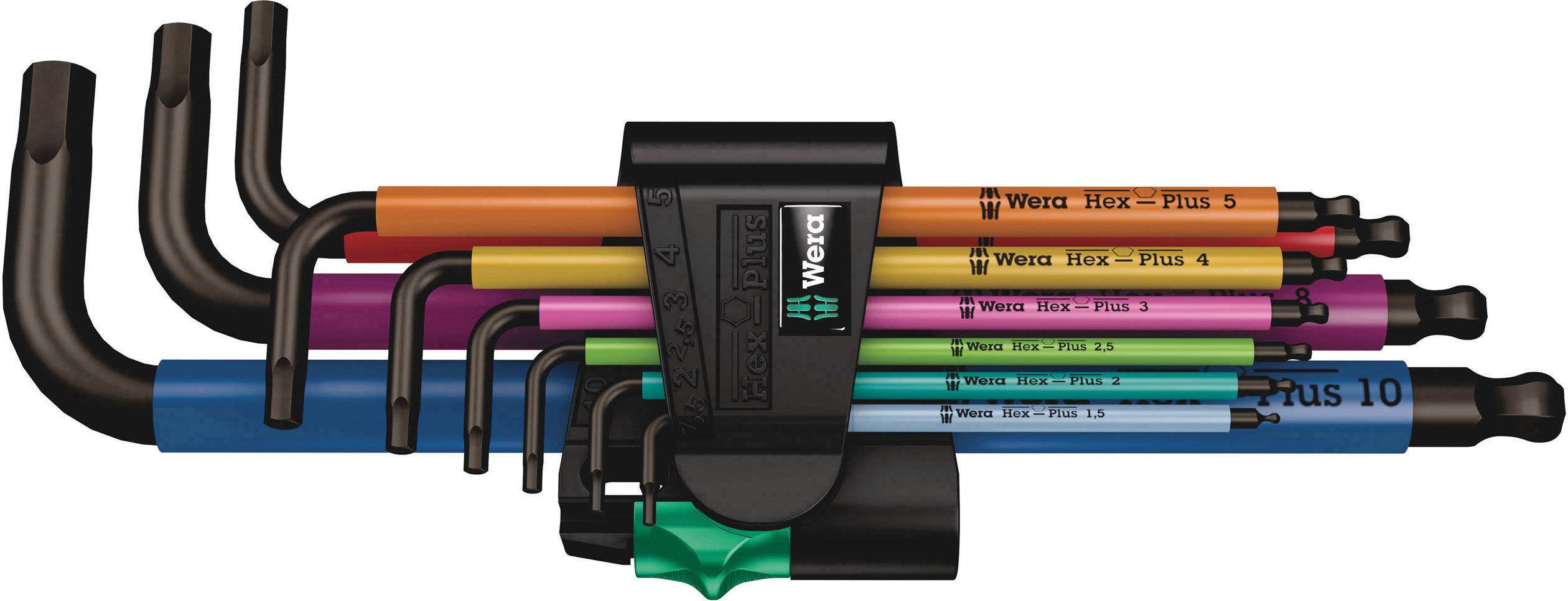Ein Set von farbigen Winkelschlüsseln in einem Halter. Es enthält mehrere Schraubenschlüssel in verschiedenen Größen und Farben.