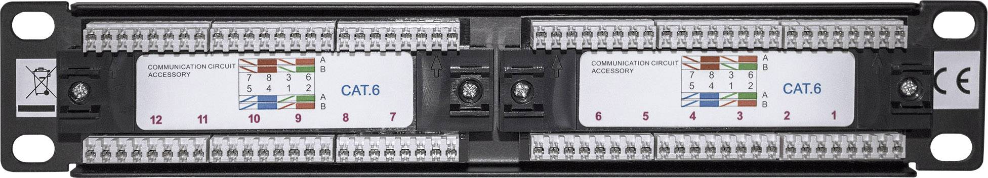Patchpanel mit 12 RJ45-Anschlüssen, beschriftet mit 'CAT.6'. Bunt codierte Anschlussleisten für einfaches Kabelmanagement.