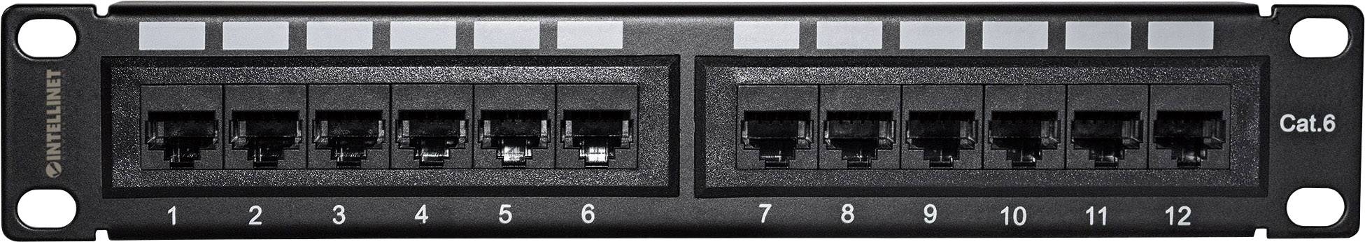 Patchpanel für Ethernet-Kabel mit 12 Ports, Cat.6, schwarz, montierbare Aufnahme mit nummerierten Ports für Netzwerkverbindungen.
