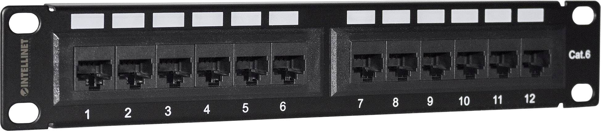 Patchpanel Cat.5 mit 12 Ethernet-Ports, nummeriert von 1 bis 12, geeignet für Netzwerkinstallationen in einem Serverraum.