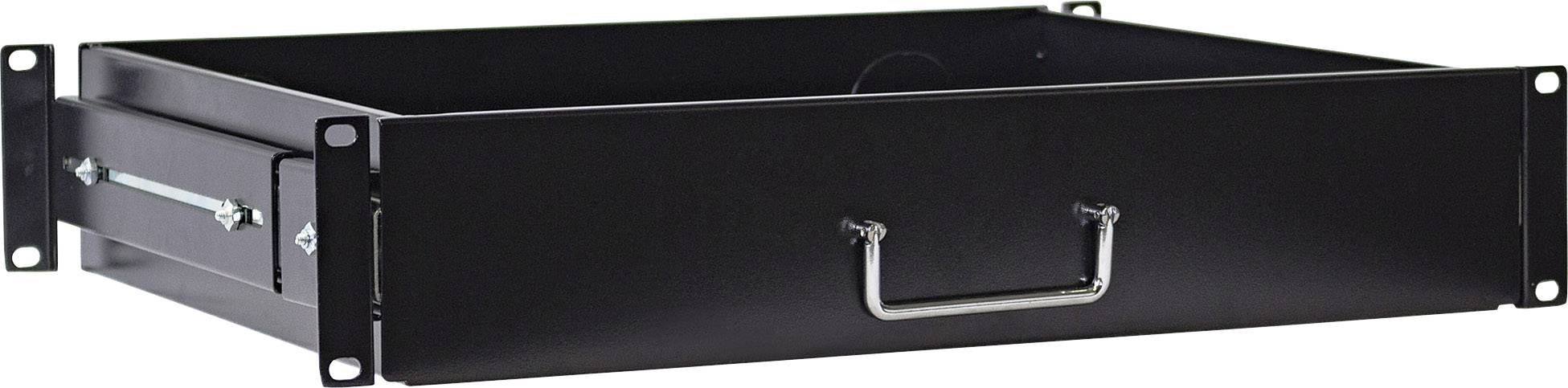 Ein schwarzer Geräteschubkasten aus Metall zur Montage in einem 19-Zoll-Rack, mit frontalem Griff und seitlichen Befestigungswinkeln.