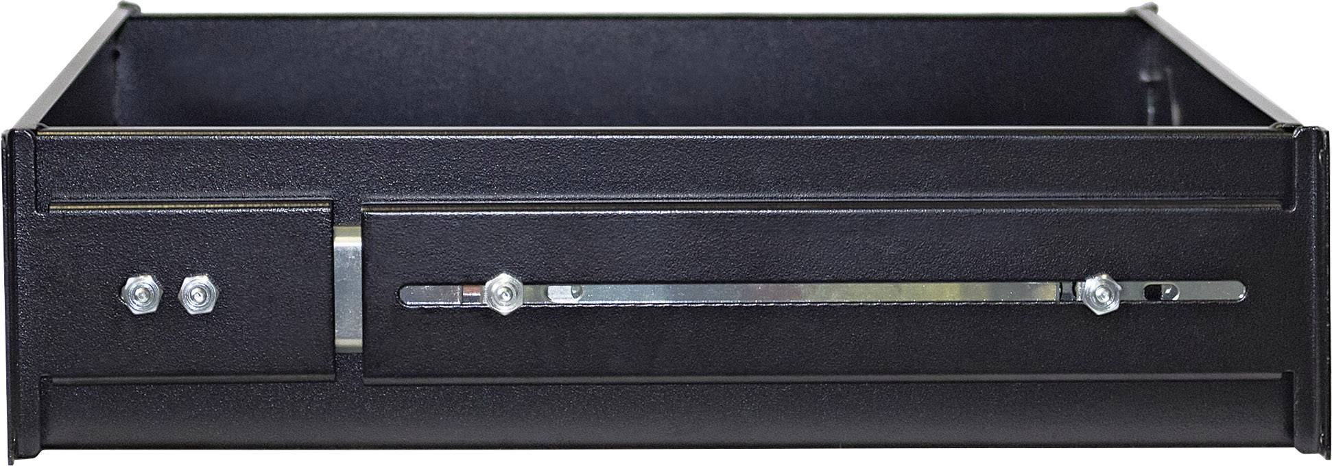 Schwarze Metallkassette mit Schublade, die vorne mit Schrauben und Metallleiste gesichert ist. Fortgeschrittene Verriegelungsmechanik.