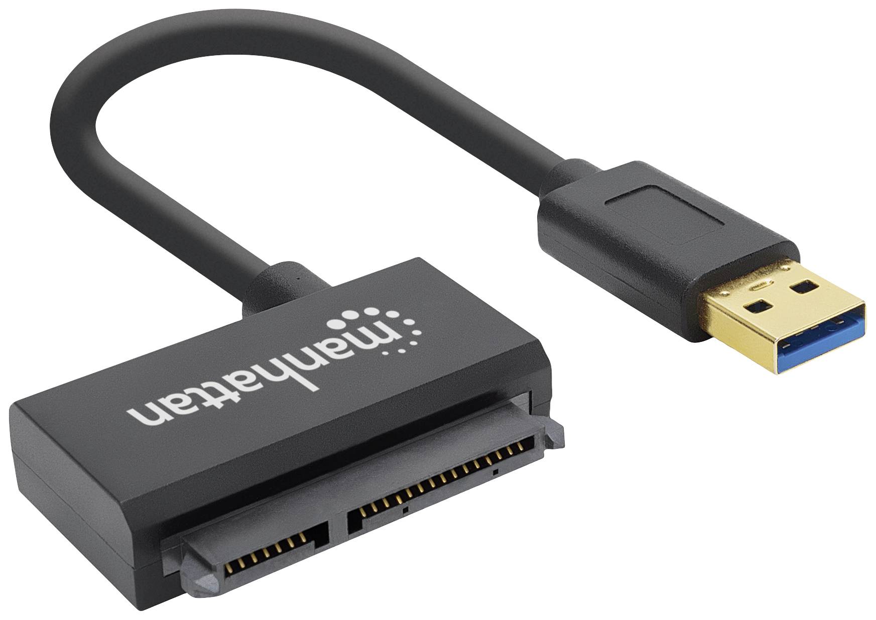 USB-zu-SATA-Adapterkabel, schwarz, Markenname 'Manhattan' auf dem Adapter, zur Verbindung von SATA-Festplatten mit USB-Anschlüssen.