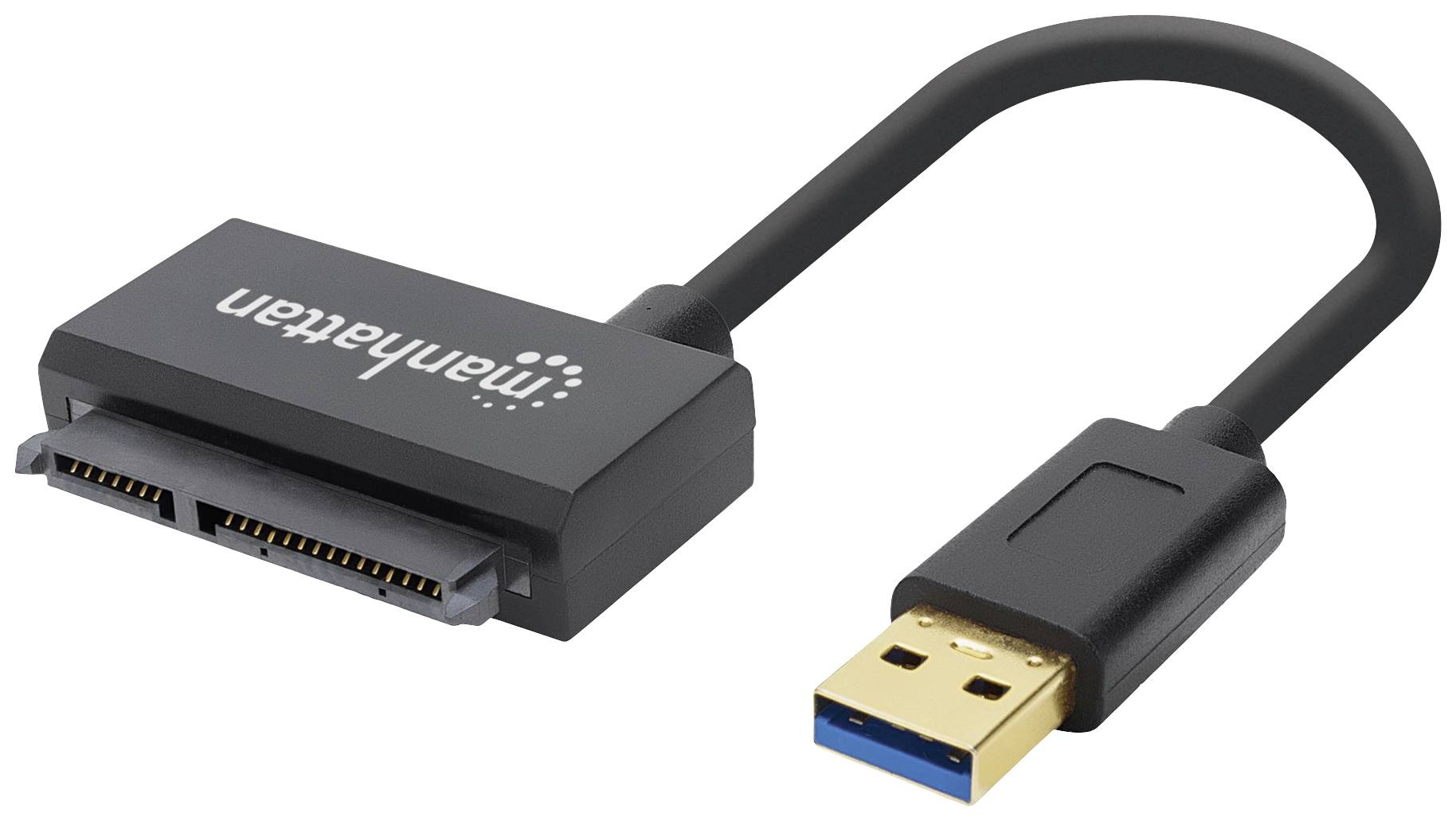 USB-zu-SATA-Adapterkabel, schwarz, ermöglicht den Anschluss von SATA-Laufwerken an einen Computer über USB-Port.