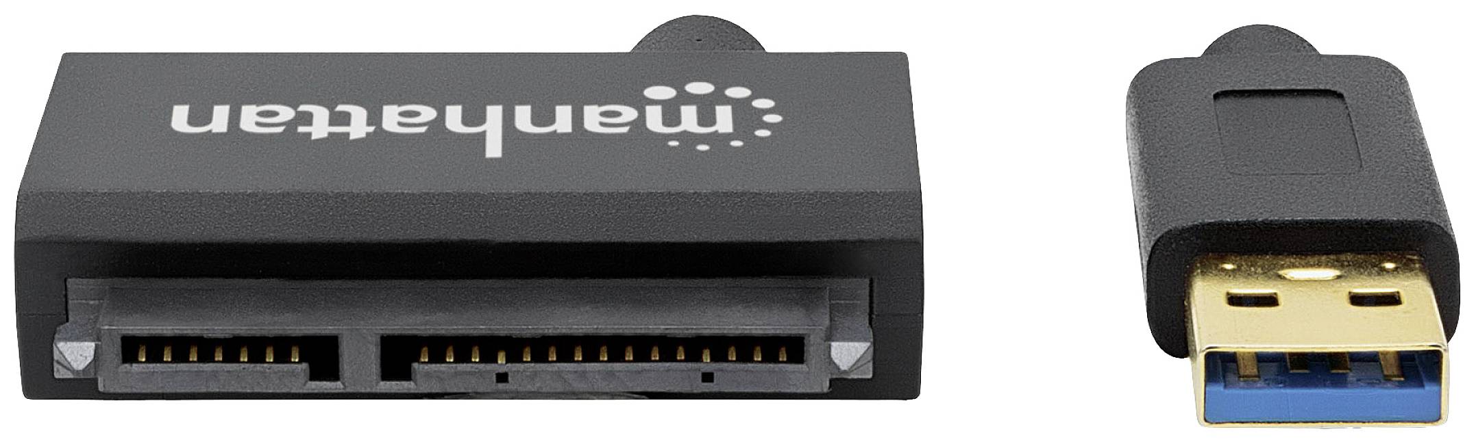 USB-Adapter verbindet SATA-Festplatten mit USB-Geräten. Links: SATA-Port, rechts: USB-Stecker.