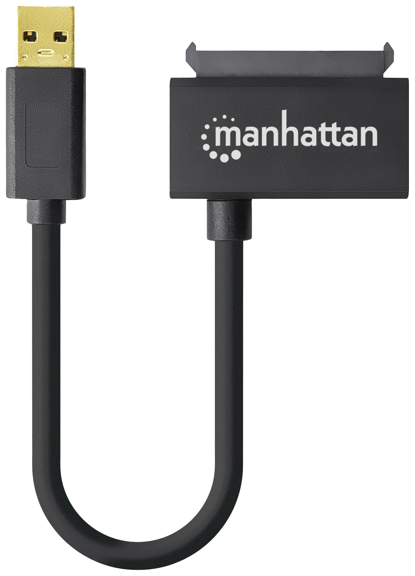 USB-zu-SATA-Adapterkabel mit 'manhattan'-Logo, geeignet für den Anschluss von Festplatten und SSDs an Geräte mit USB-Anschluss.