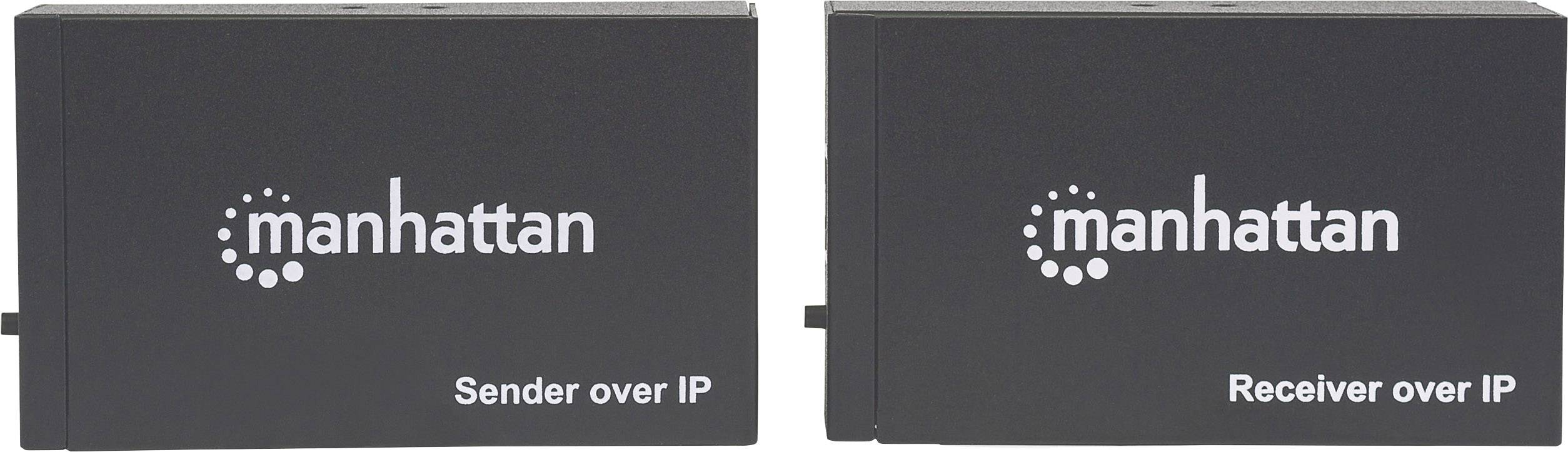 Zwei schwarze Geräte nebeneinander: links 'manhattan Sender over IP', rechts 'manhattan Receiver over IP' zur digitalen Signalübertragung.